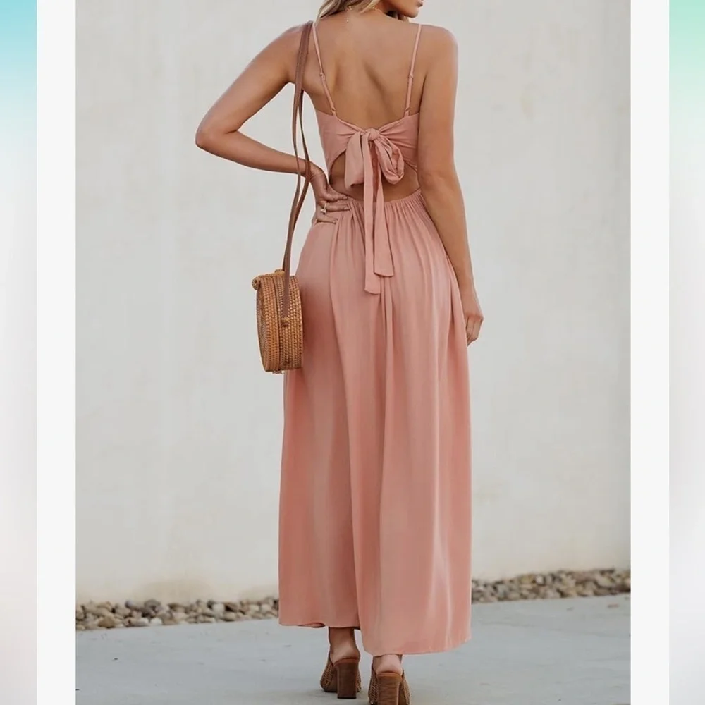 CUPSHE Maxi V Neck Twisted Sleeveless Cutout Self Tie Long Summer Formal Dress - Picture 2 of 8